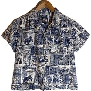 Harley Davidson Tori Richard Blue Motorcycle Camp Shirt Made in Hawaii Women’s L